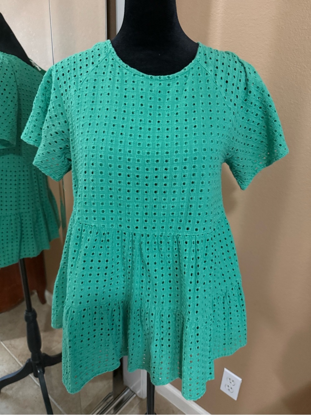 JODIFL Teal Green Eyelet Peplum Tunic